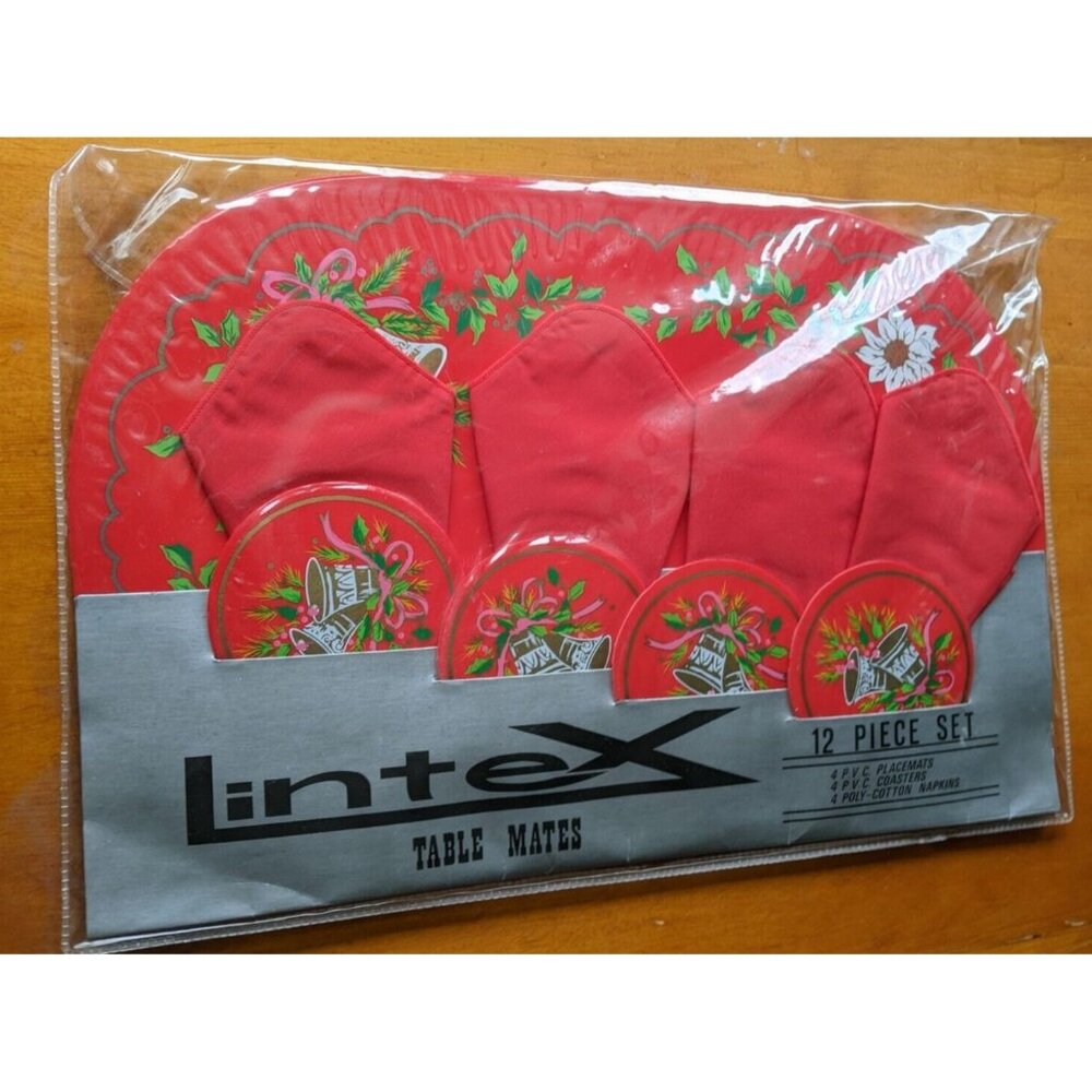Lintex Holiday Napkin Placemat Coaster Set Service for 4 Red Bells Holly NOS Vtg